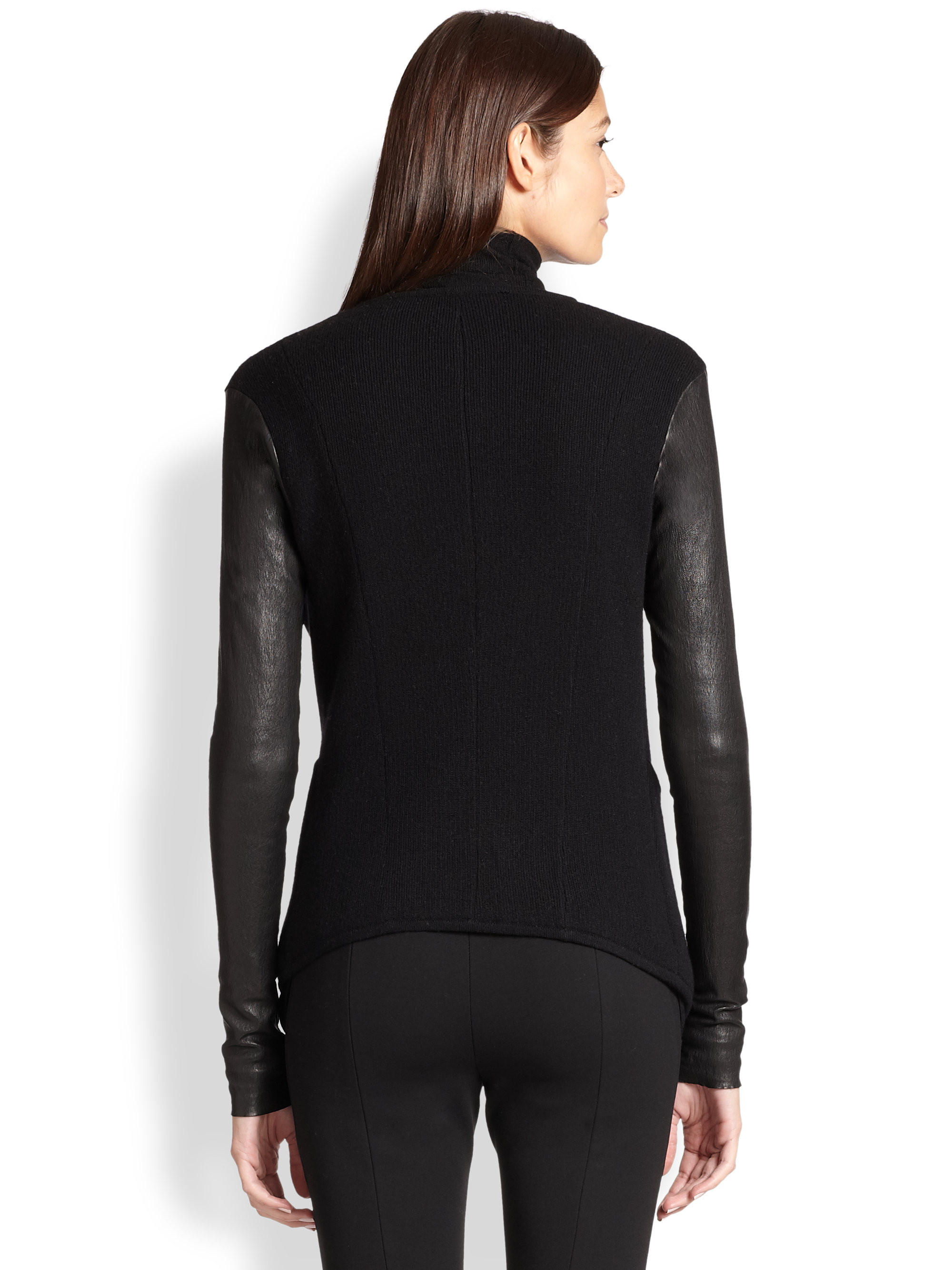 Lyst - Donna Karan Drape-Front Leather-Sleeve Cashmere Cardigan in Black