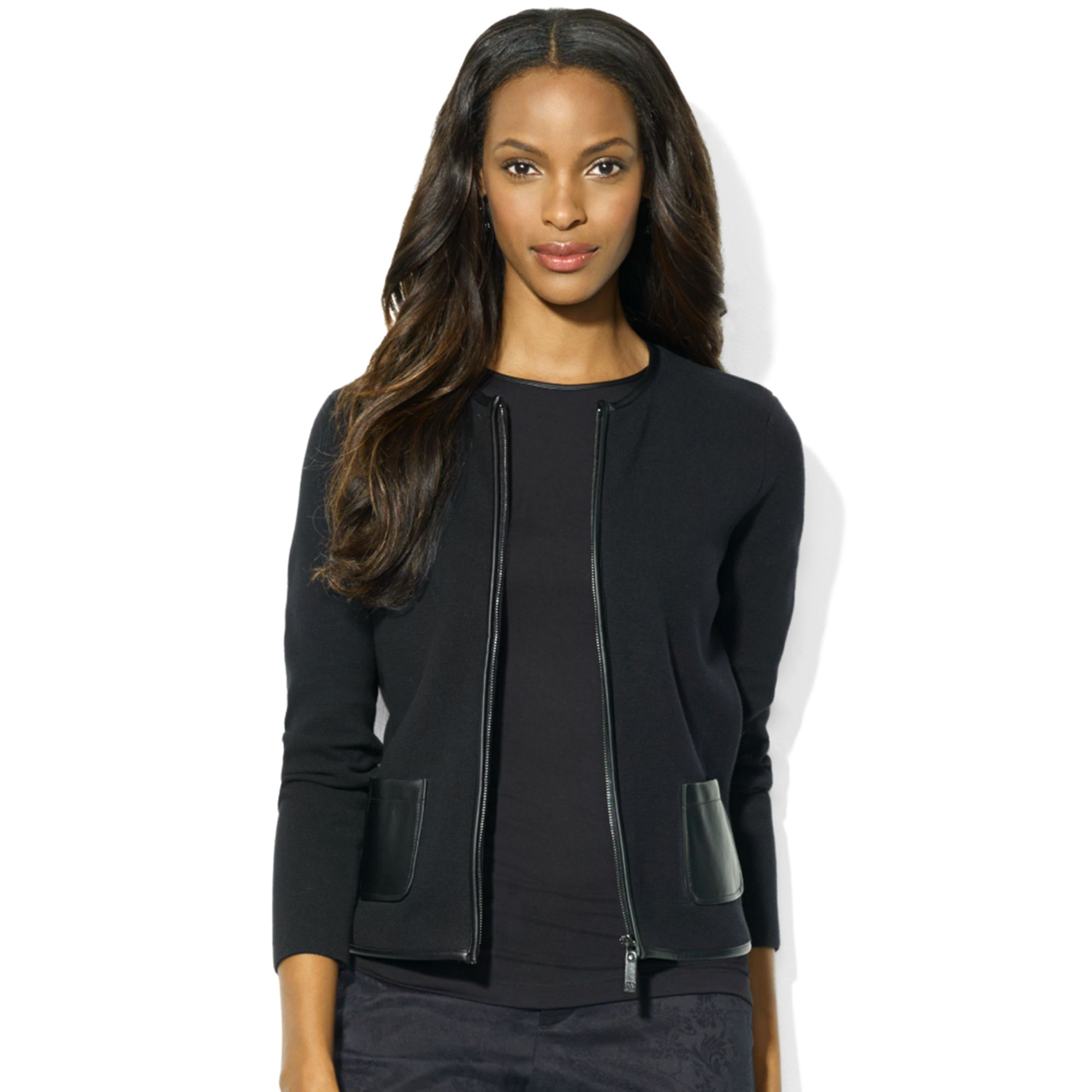Ralph Lauren Black Faux Leather Trim Cardigan