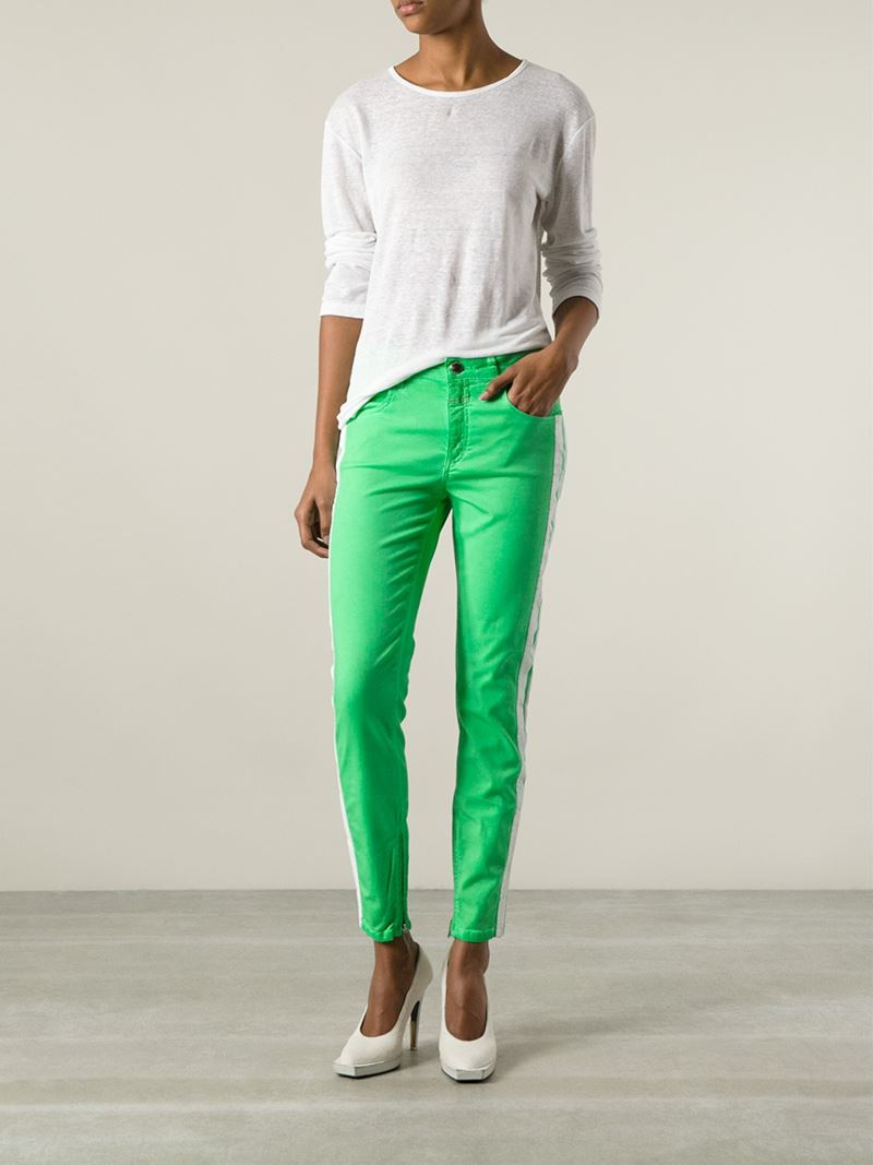 green side stripe jeans