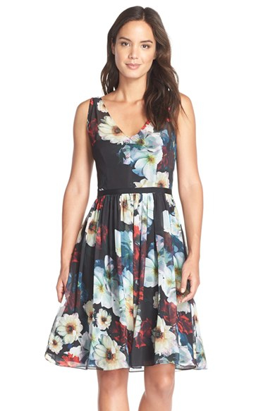 Lyst Maggy London Fl Chiffon Fit Flare Dress In Black Gallery
