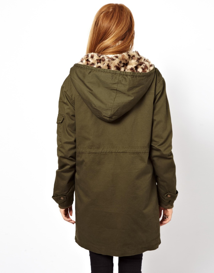 Pepe jeans Parka with Leopard Print Faux F   ur Lining in Green | Lyst