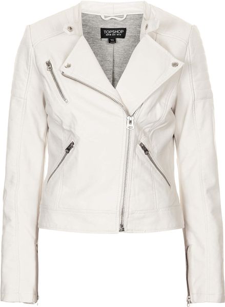 Topshop Collarless Faux Leather Biker Jacket in White | Lyst