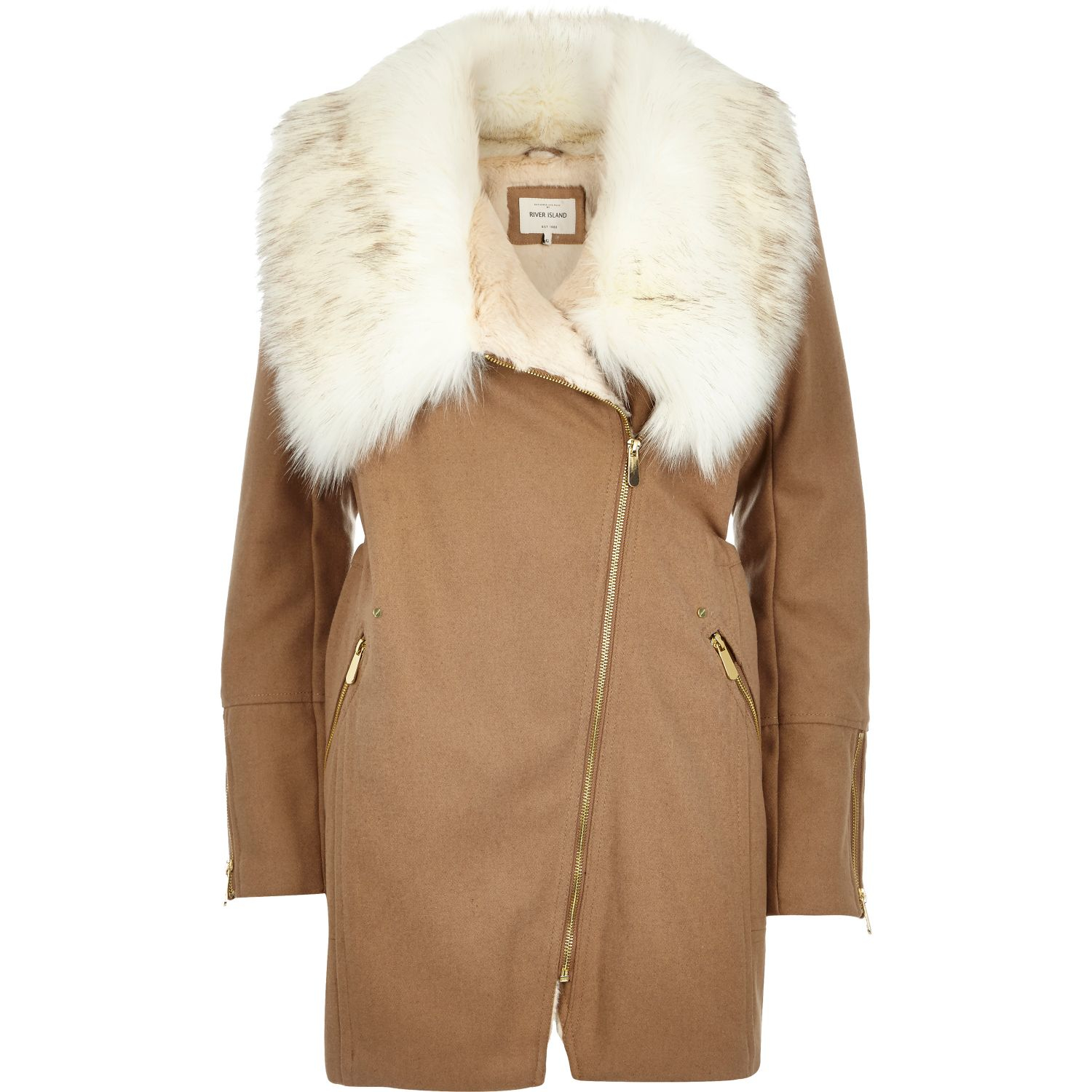 River Island Brown Wool-blend Winter Coat in Brown | Lyst