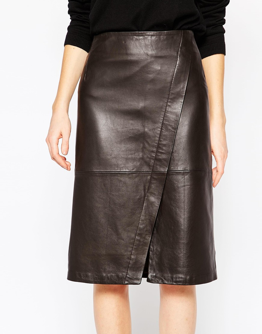 Just female Jenna Leather Wrap Skirt in Brown | Lyst
