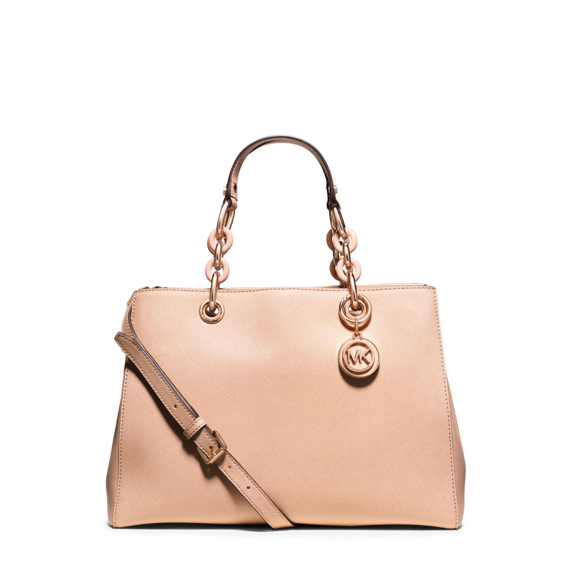 Lyst Michael Kors Cynthia Medium Saffiano Leather Satchel In Natural Gallery Women S Michael By Kors Cynthia