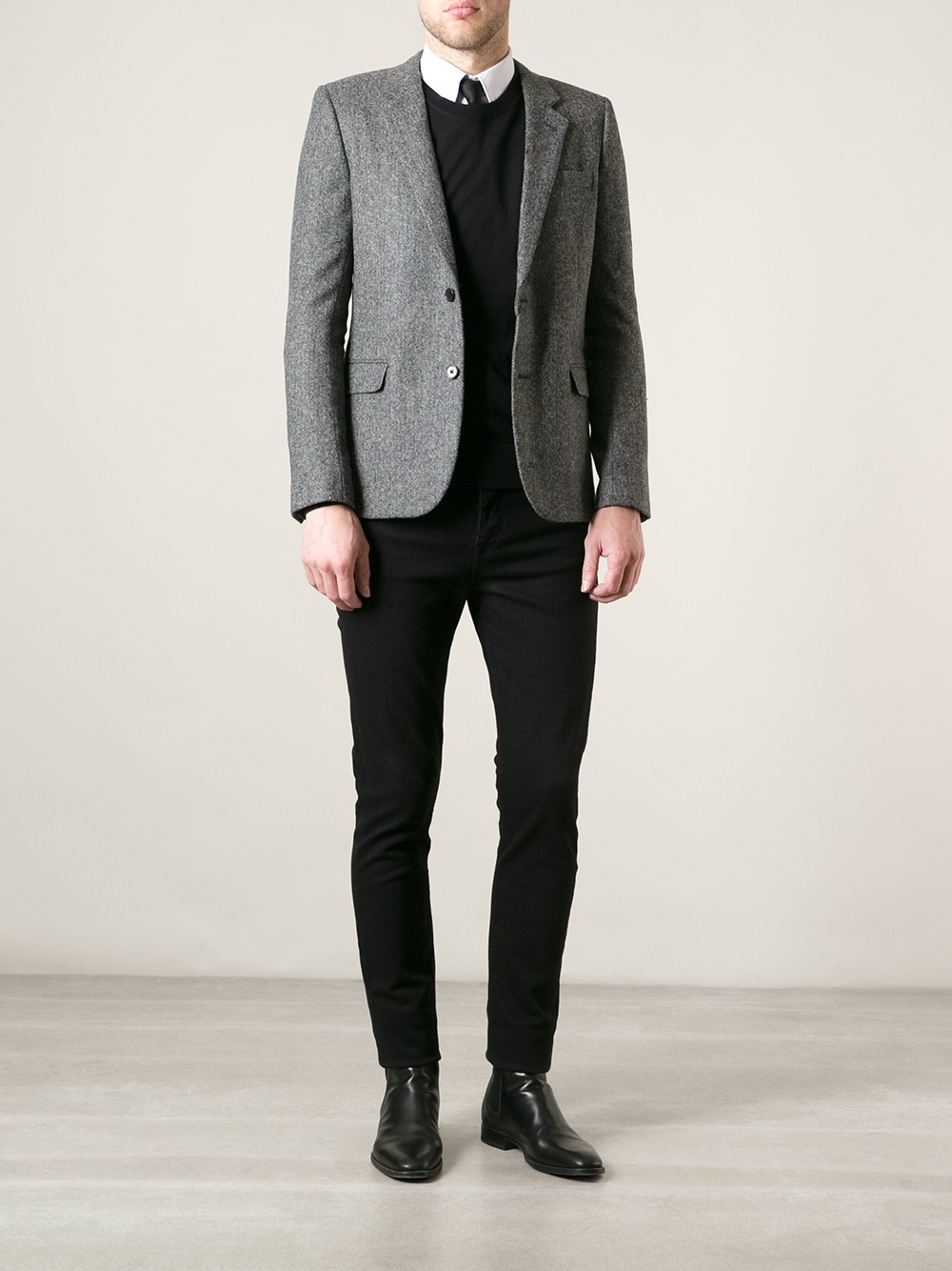 grey blazer black pants brown shoes