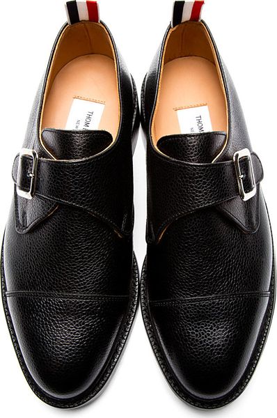 Thom Browne Black Pebbled Leather Monk Buckle Shoes in Black for Men | Lyst