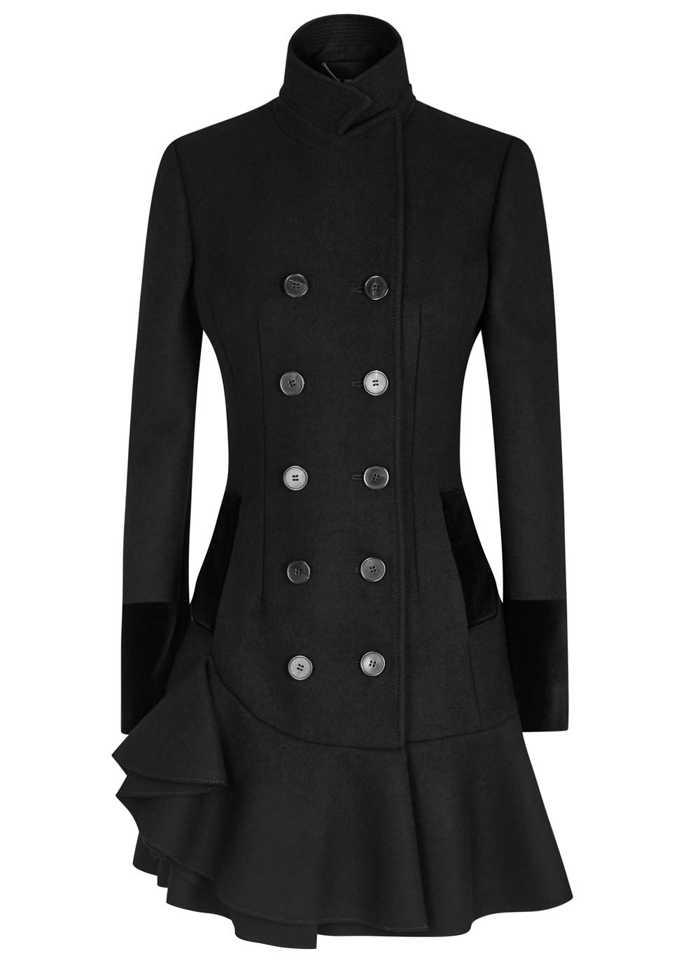 Alexander mcqueen Black Ruffled Wool Coat in Black | Lyst