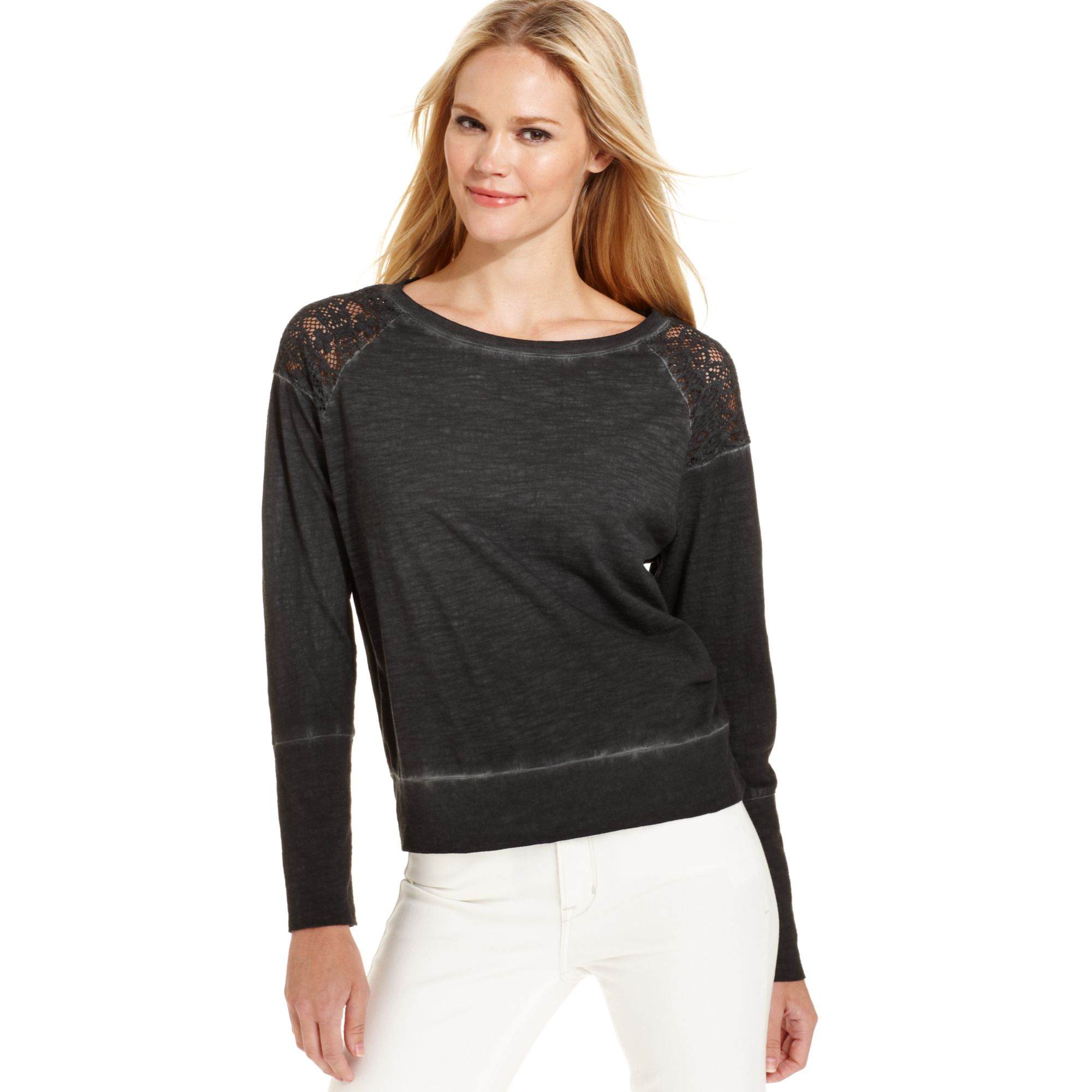 Dkny Longsleeve Lacepanel Top in Black (Noir) | Lyst