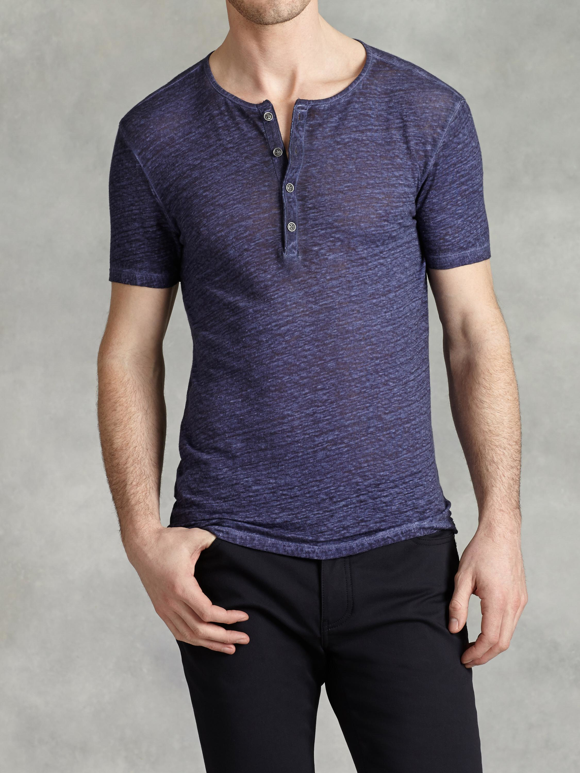 John Varvatos Linen Henley With Cold Water Dye in Purple for Men - Lyst