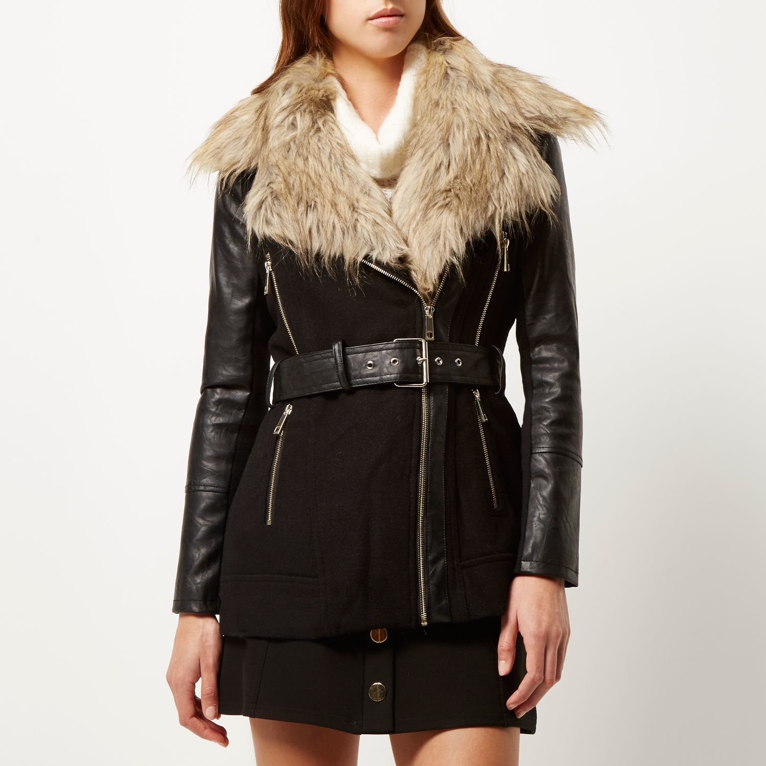 River Island Black Faux Fur Collar Winter Coat In Lyst Gallery