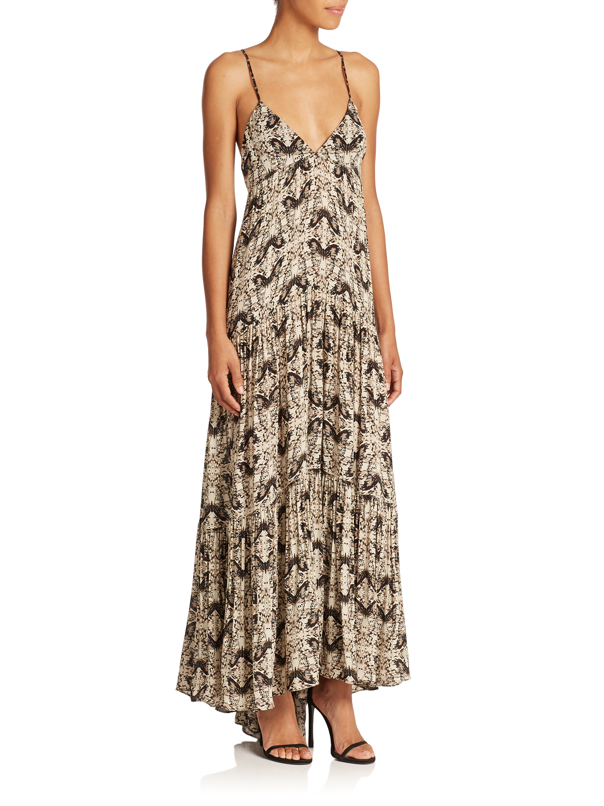L'agence Grace Butterfly-print Silk Maxi Dress in Brown (champagne-dark ...
