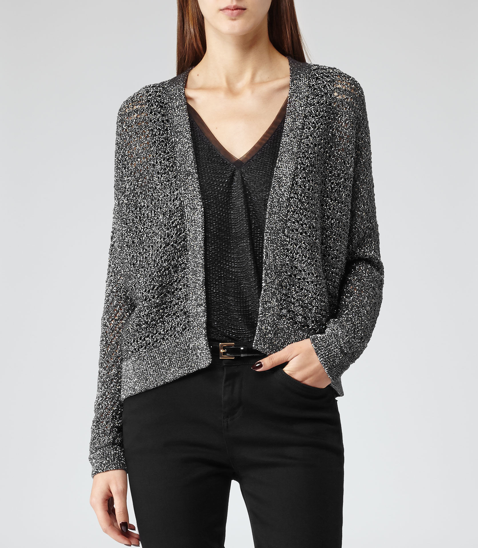 Reiss Honori Cut-Out Metallic Cardigan in Silver (BLACK/SILVER) | Lyst