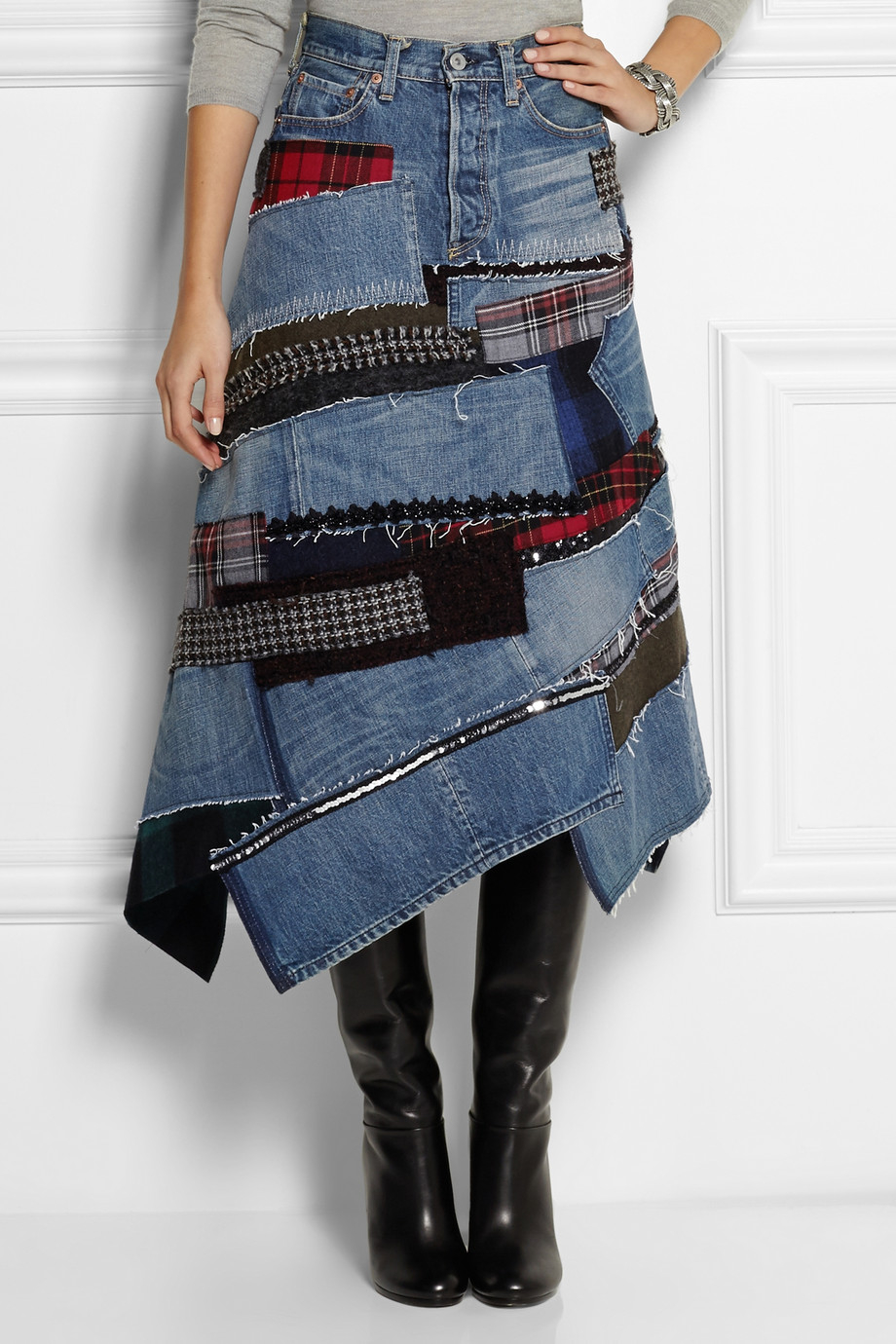 Lyst - Junya Watanabe Patchwork Denim Midi Skirt in Blue