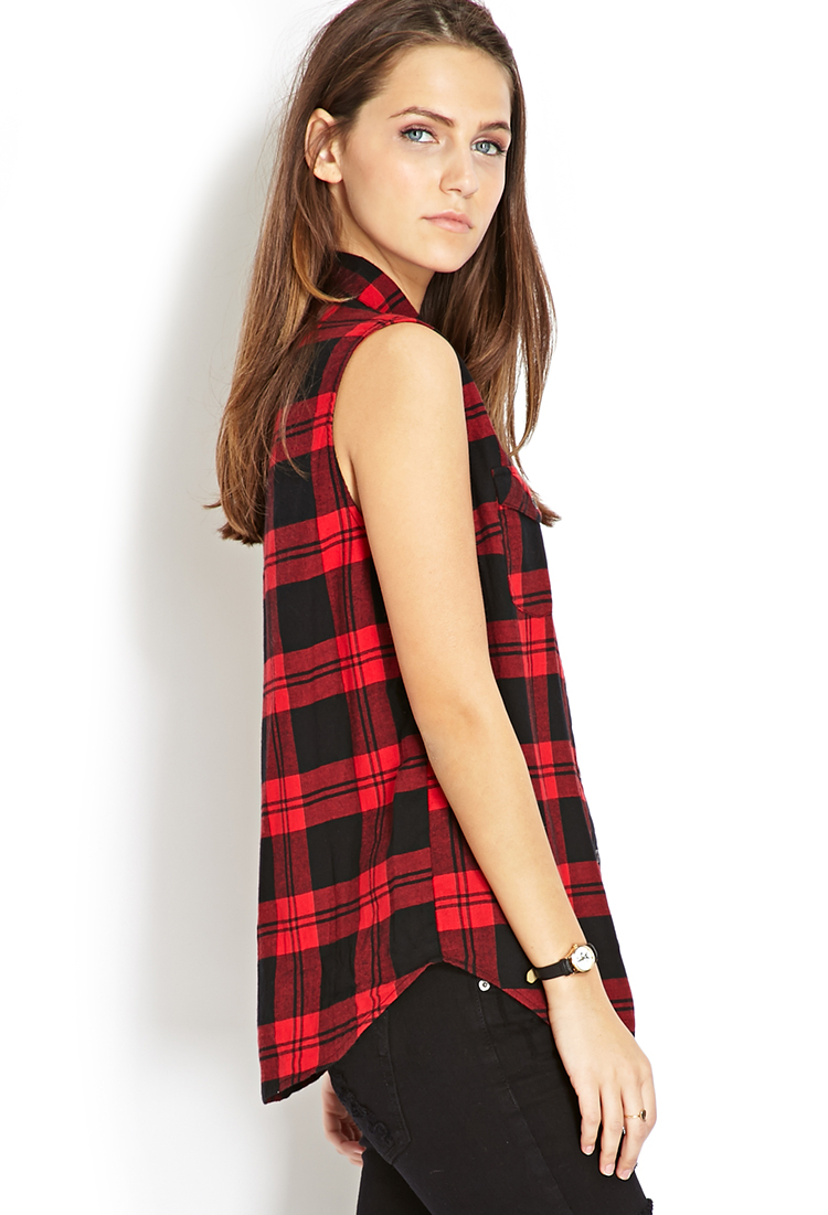 Lyst - Forever 21 Sleeveless Plaid Shirt in Red