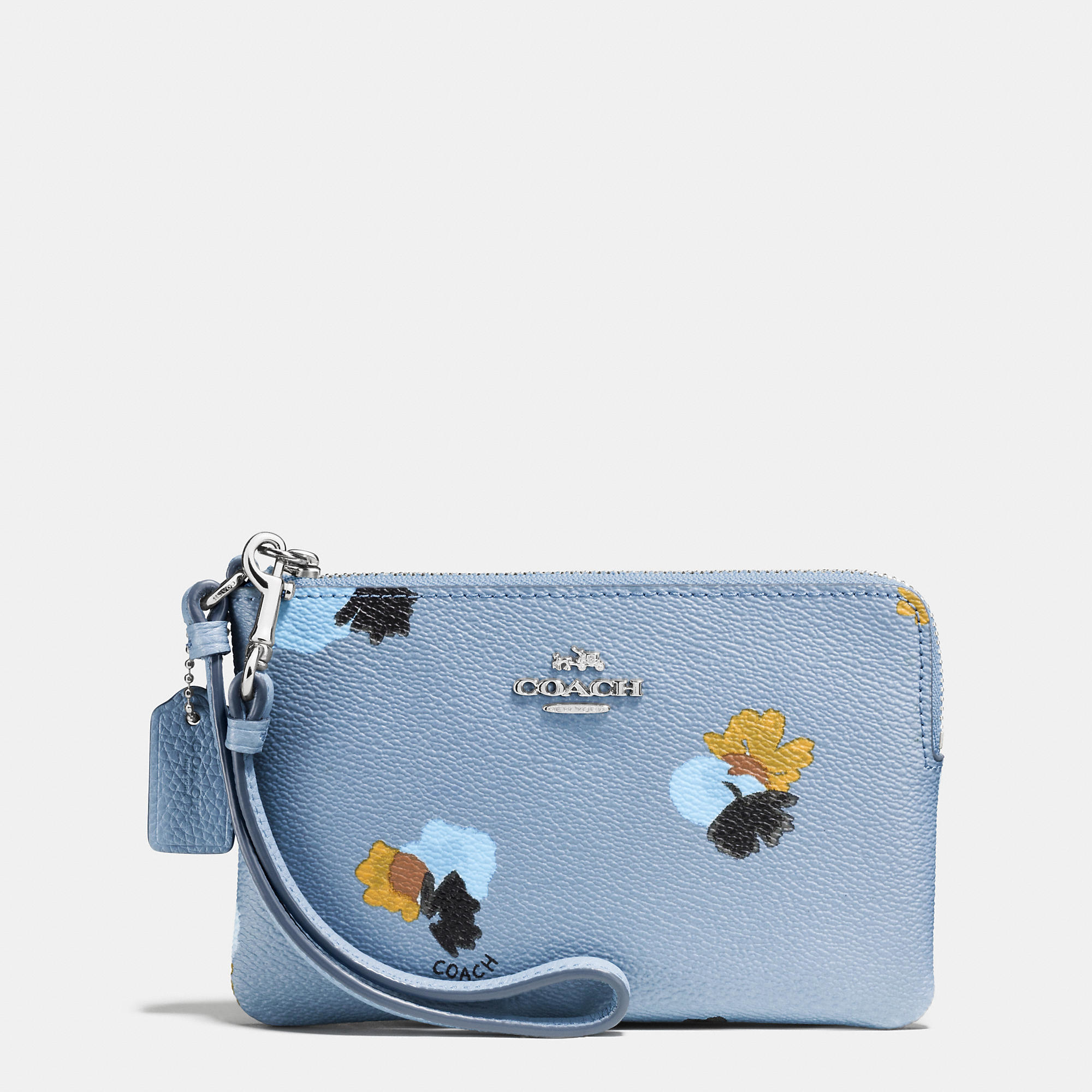 Lyst - COACH Corner Zip Wristlet In Floral Print Coated Canvas in Blue