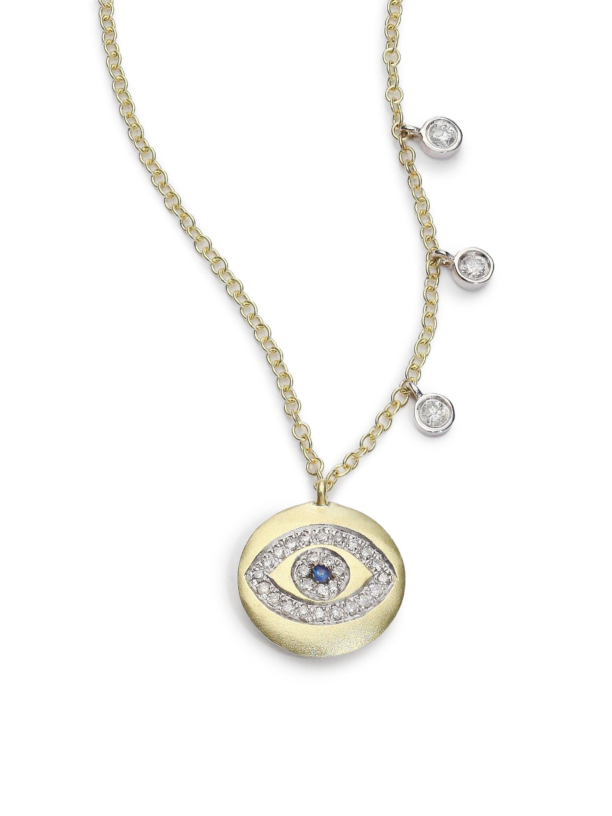  Sapphire, Diamond amp; 14k Yellow Gold Evil Eye Disc Charm Necklace