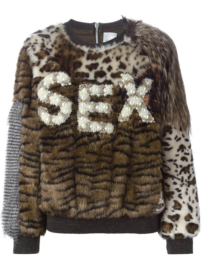 Ashish Embellished Faux Fur Sweater in Brown | Lyst