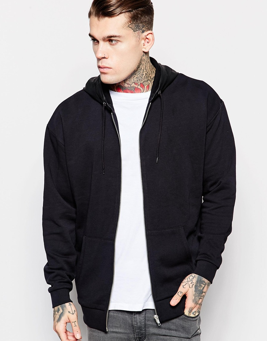 Lyst - Asos Oversized Zip Up Hoodie With Faux Leather Hood in Black for Men