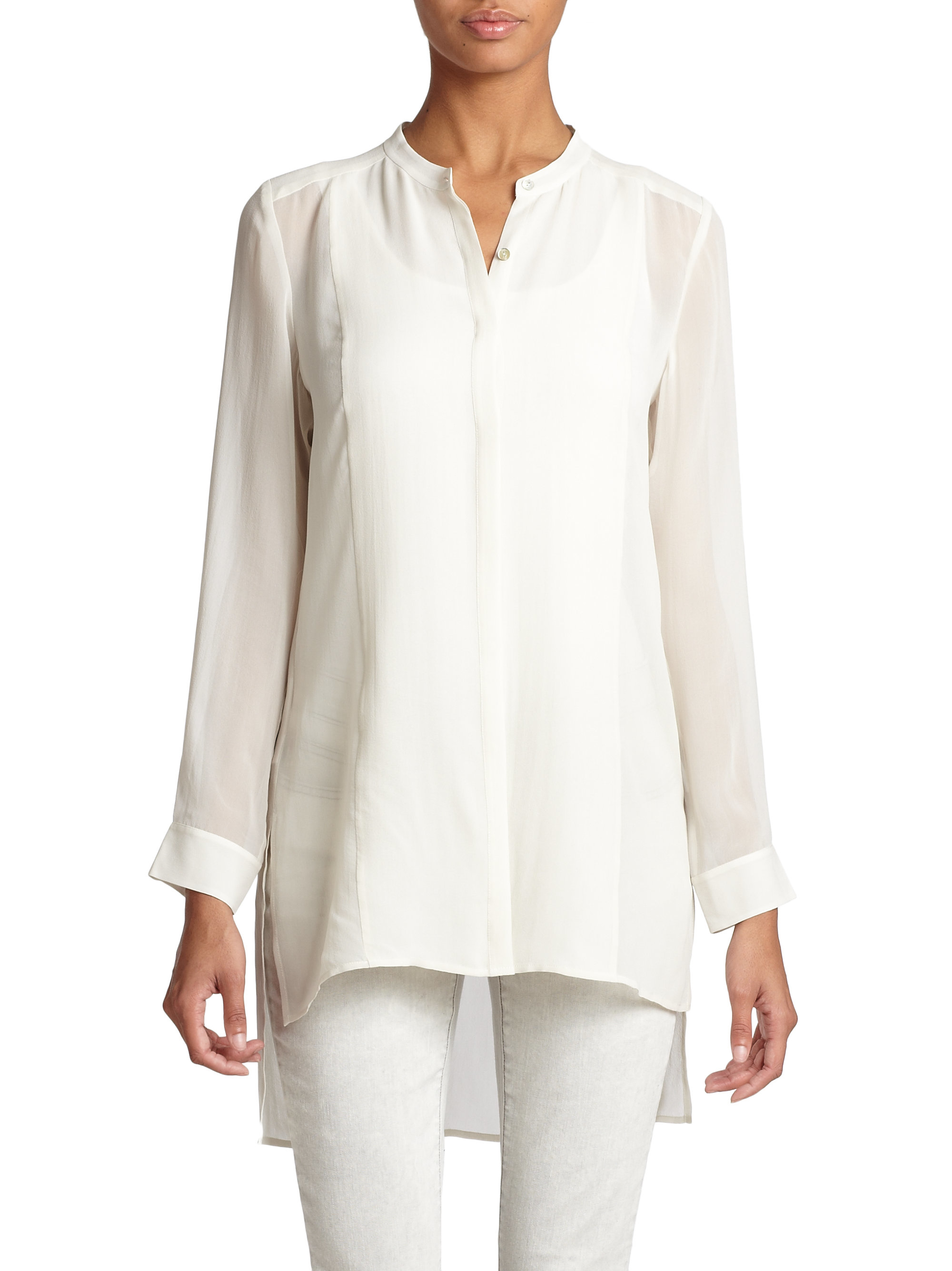 Lyst - Eileen Fisher Silk Georgette Long Blouse in White