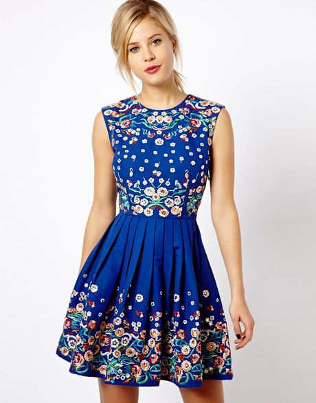 Asos Skater Dress With Floral Embroidery in Blue | Lyst