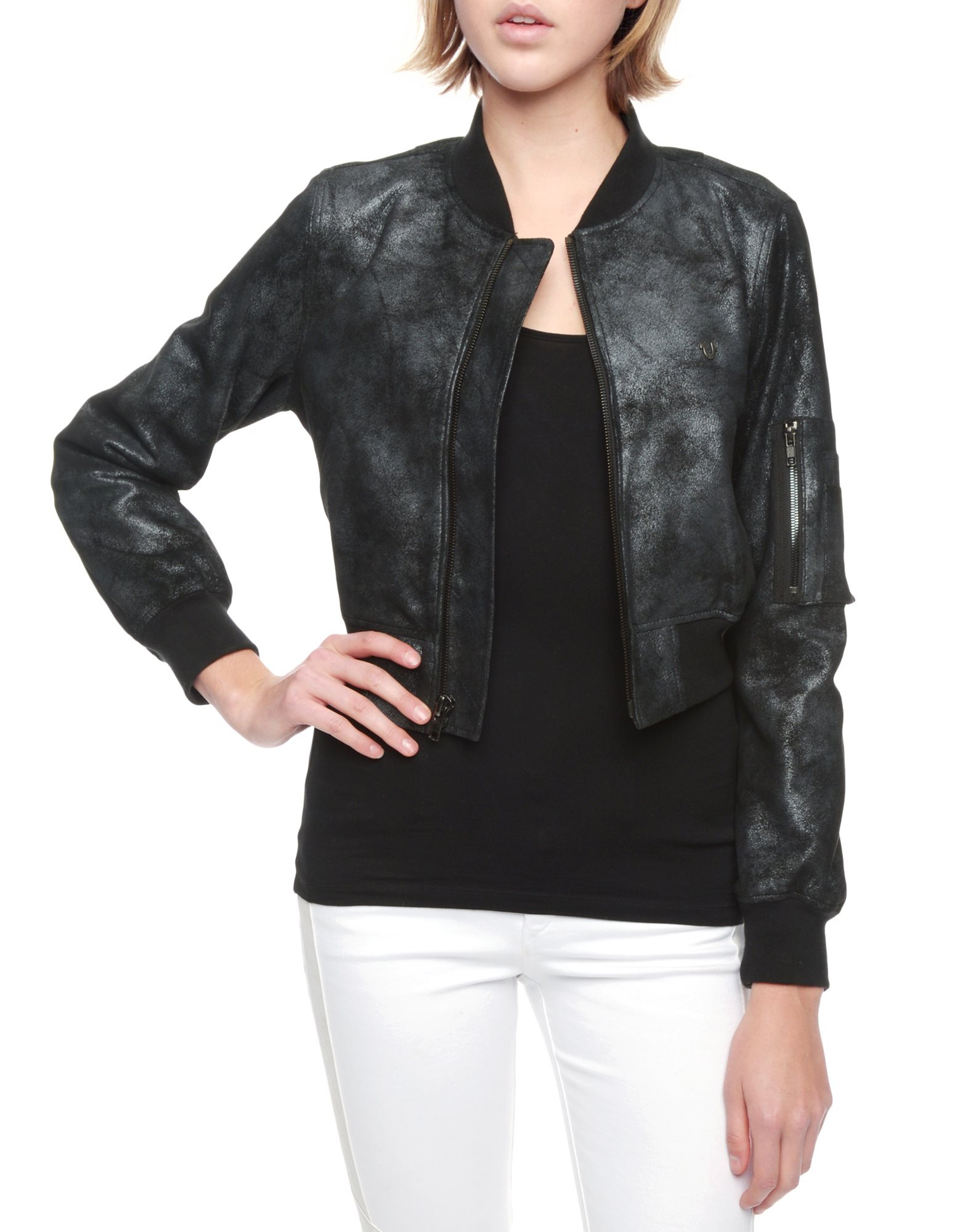 True Religion Foiled Leather Womens Er Jacket In Black Lyst Gallery