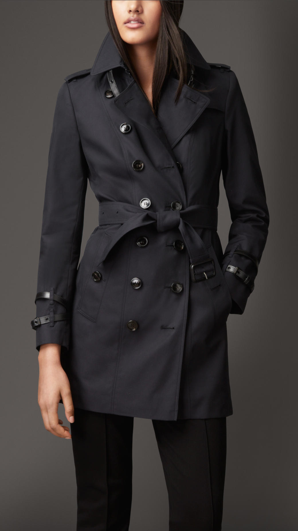 Burberry Leather Detail Gabardine Trench Coat Navy in Blue | Lyst