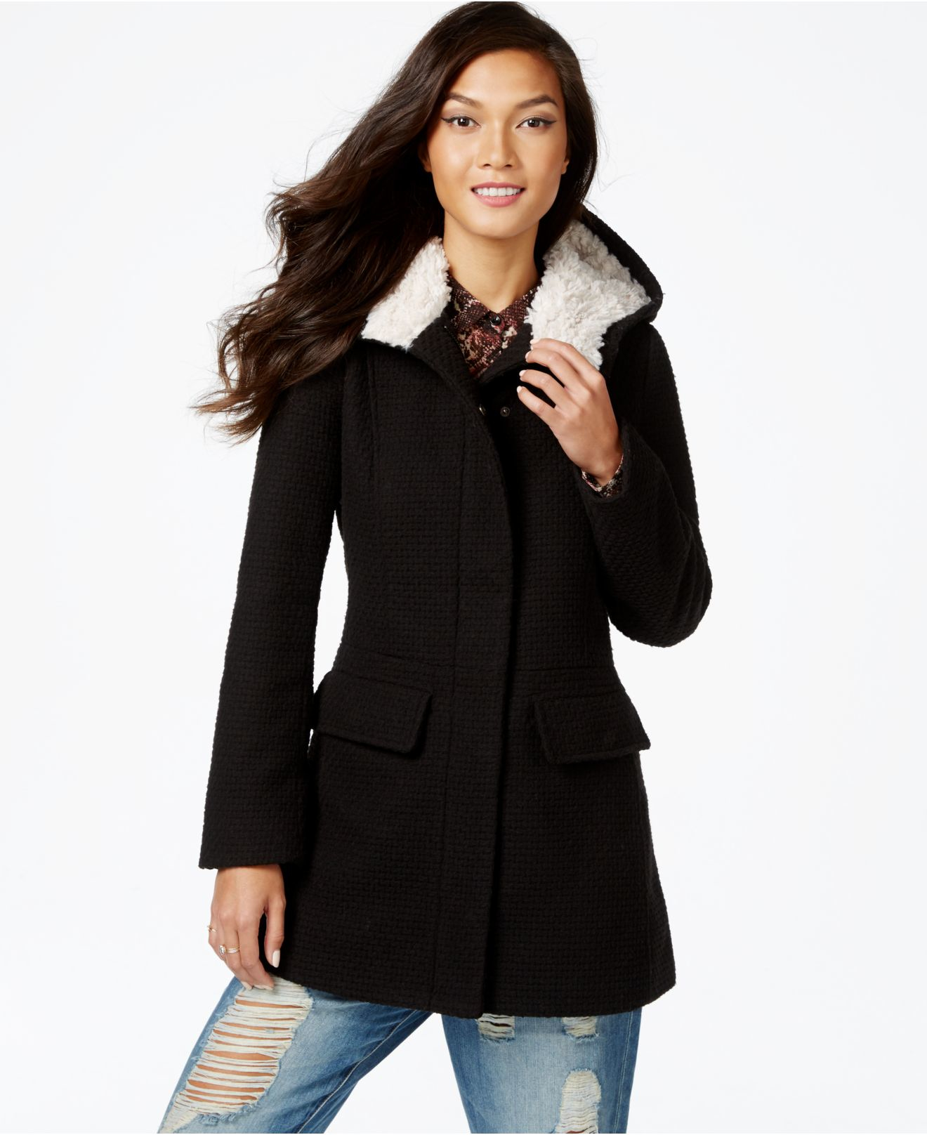 Lyst - Madden Girl Faux-fur-trim Plaid Walker Coat in Black