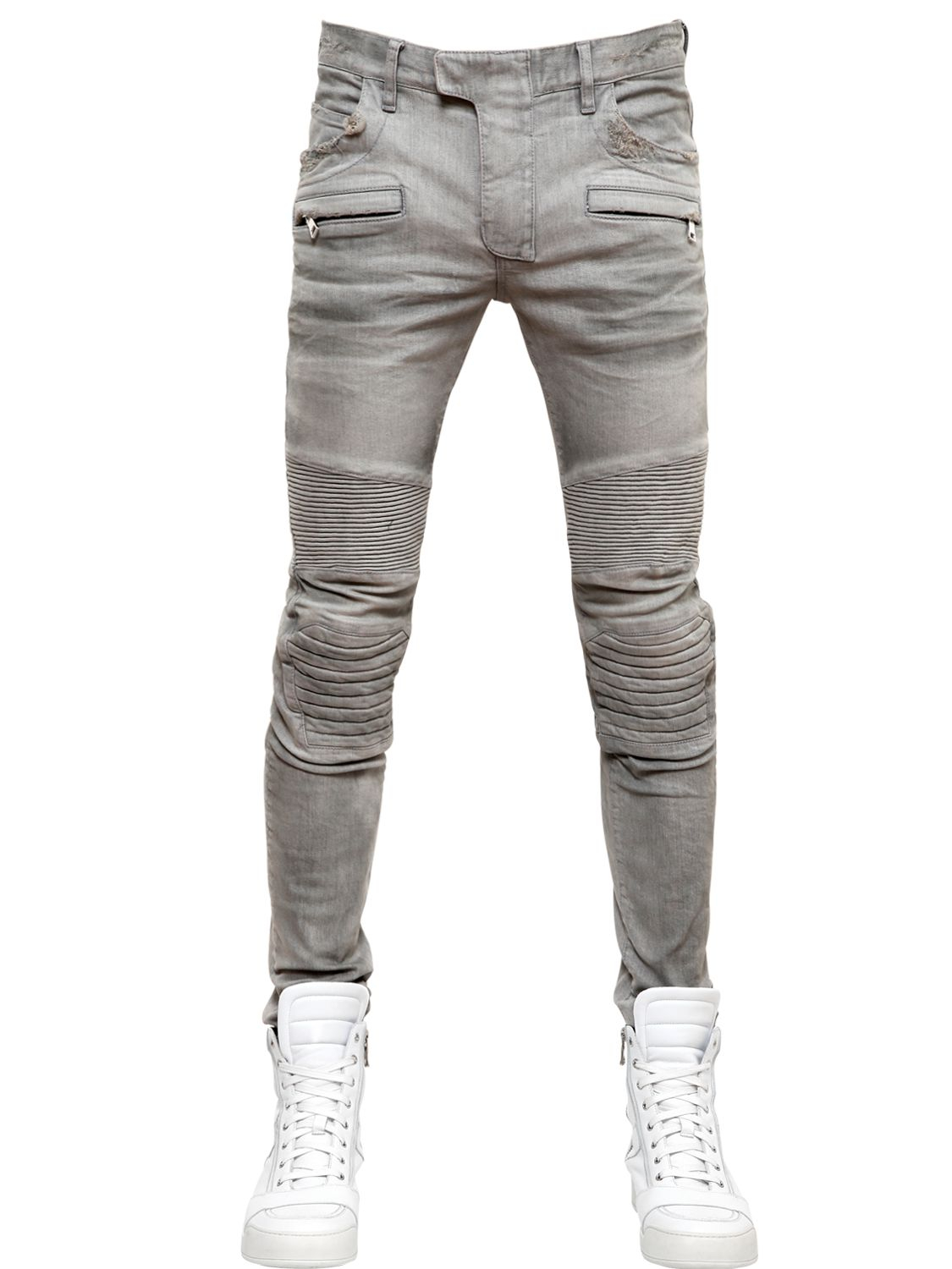 Balmain 16Cm Stretch Cotton Denim Jeans in Grey (Gray) for Men - Lyst