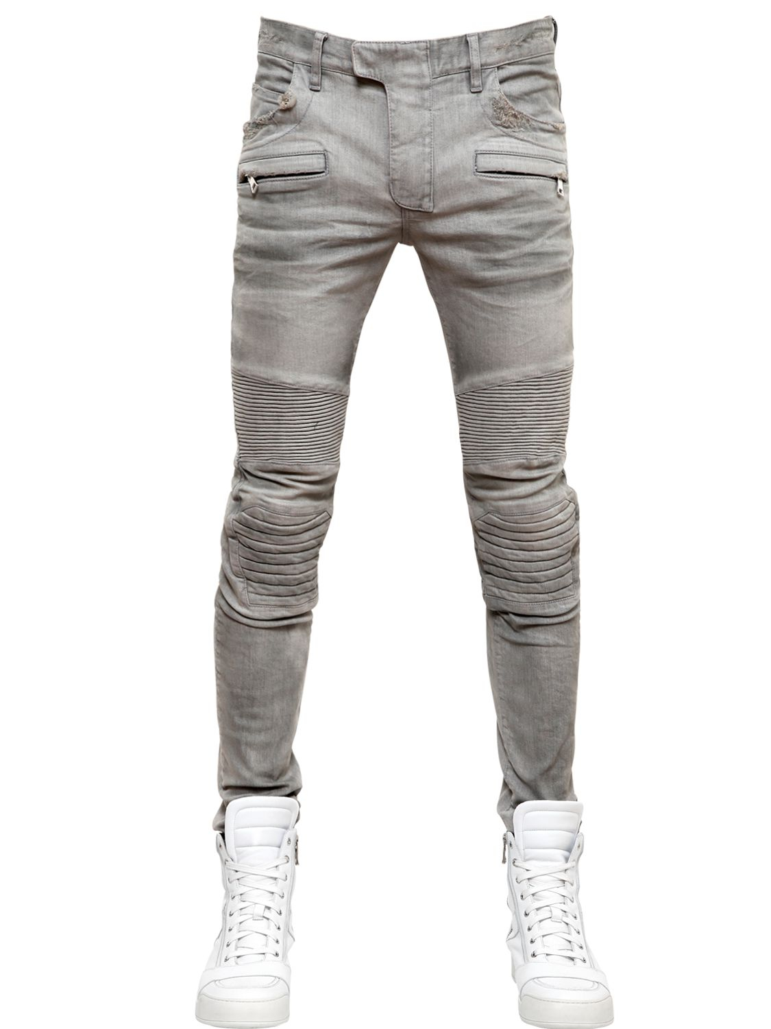 Balmain 16cm Stretch Cotton Denim Jeans In Grey Gray For Men Lyst 