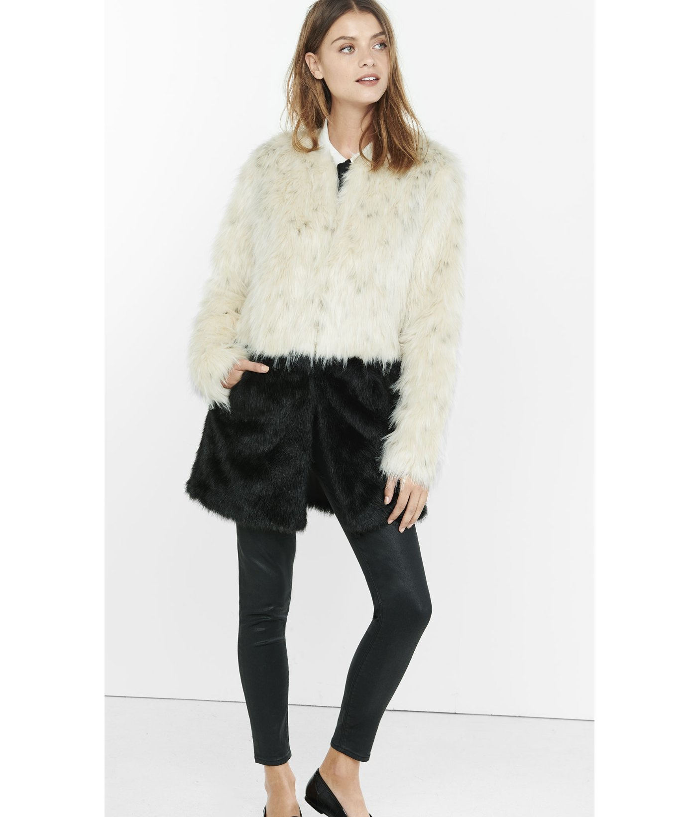 Express Color Block Faux Fur Coat in White | Lyst