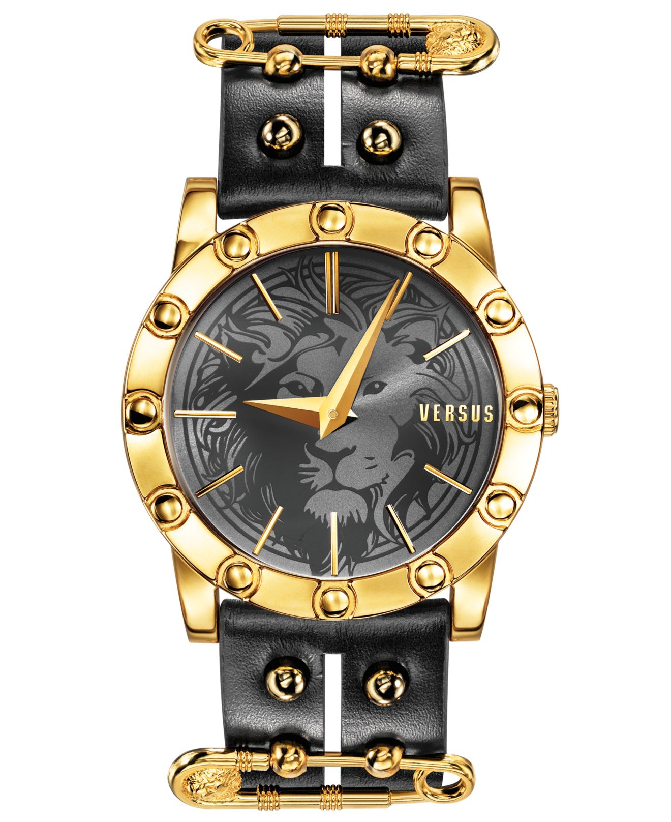 Versus Women'S Miami GoldTone Accent Black Leather Strap Watch 40Mm