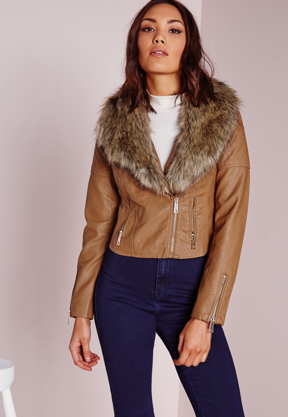 Lyst - Missguided Faux Leather Biker Jacket With Faux Fur ...