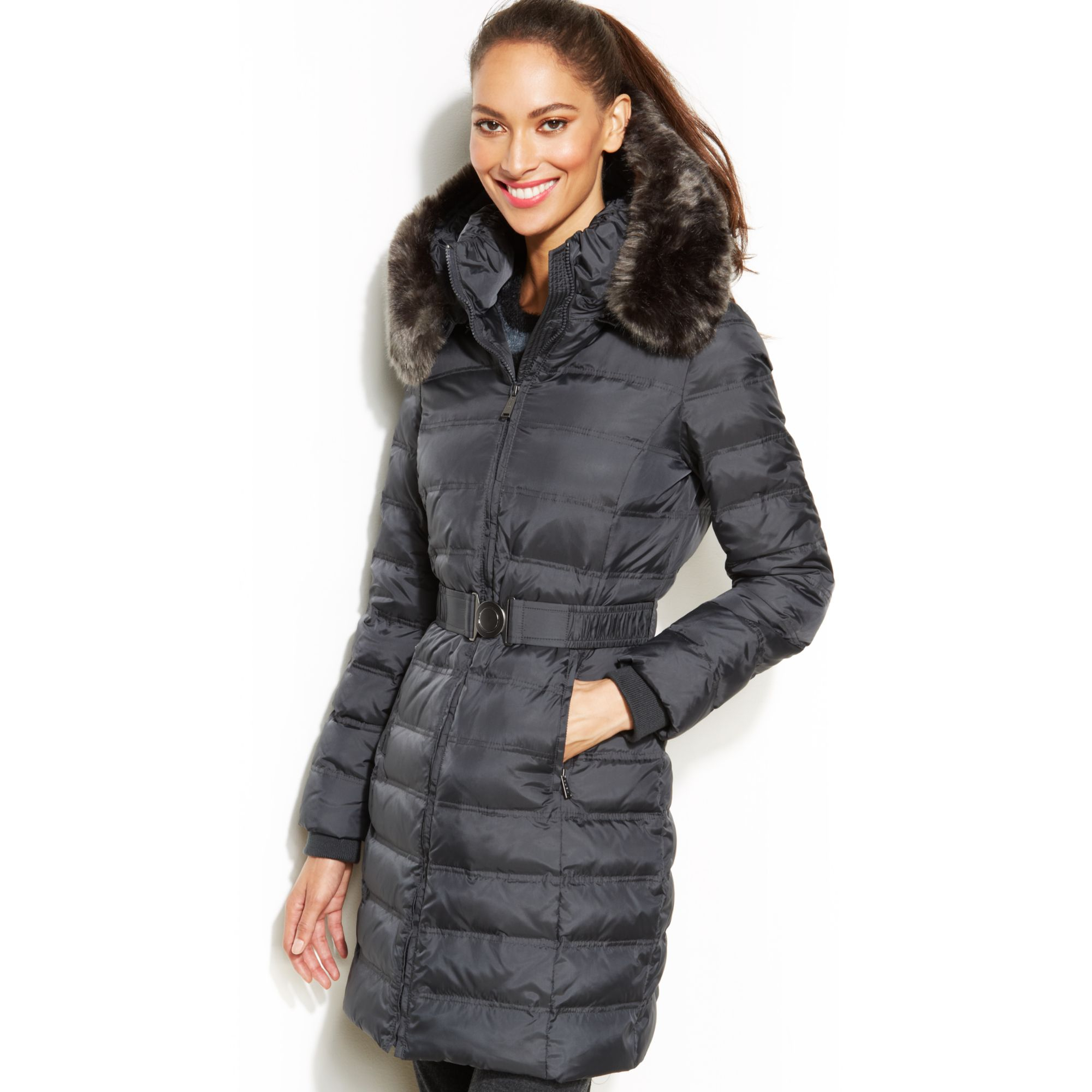 Dkny Hooded Faux-Fur-Trim Belted Down Puffer Coat in Gray (Grey) | Lyst