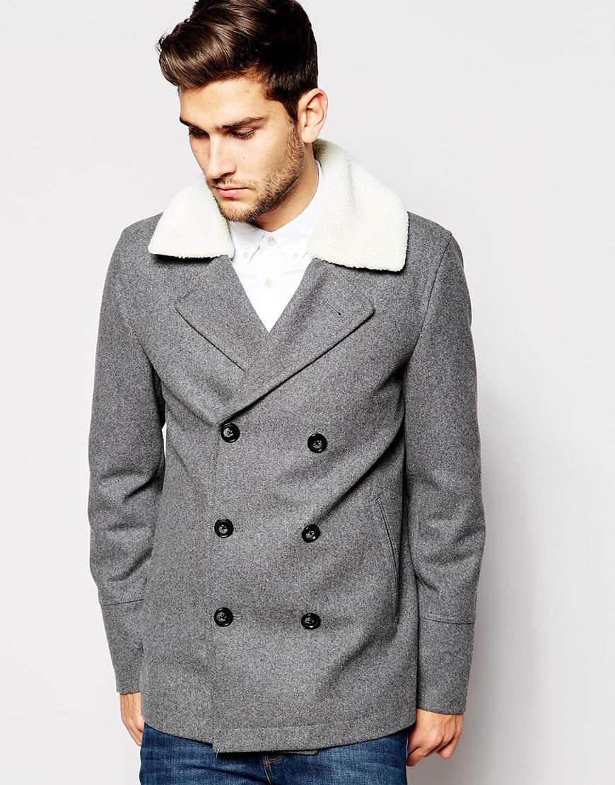 Asos Wool Mix Peacoat With Faux Shearling Collar In Light Grey in Gray ...