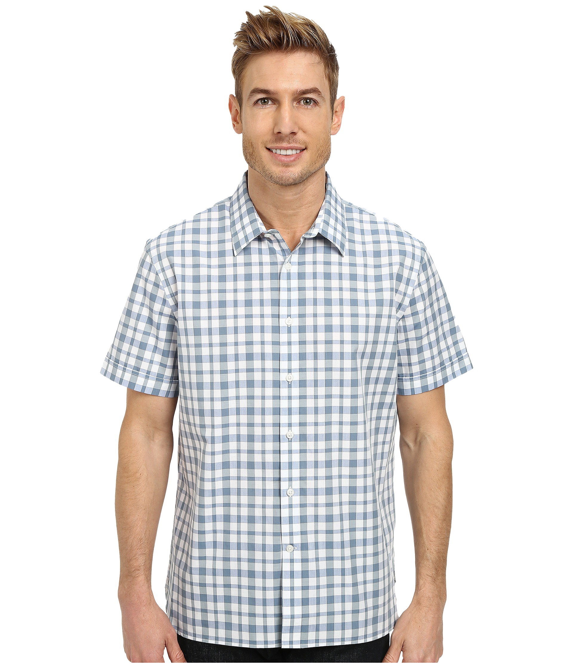 Perry Ellis Short Sleeve Plaid Pattern Shirt in Blue for Men - Lyst