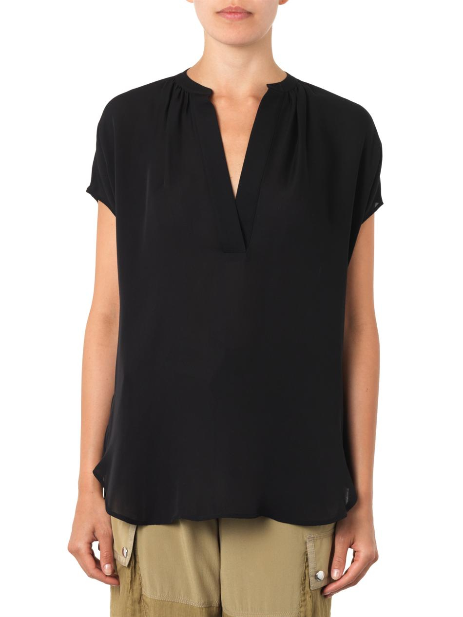 Lyst - Vince Split-Neck Silk Blouse in Black