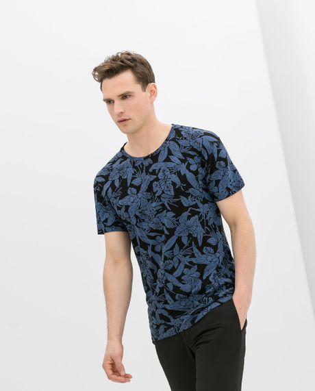 Zara Flower Print Tshirt in Blue for Men (Dark blue) | Lyst
