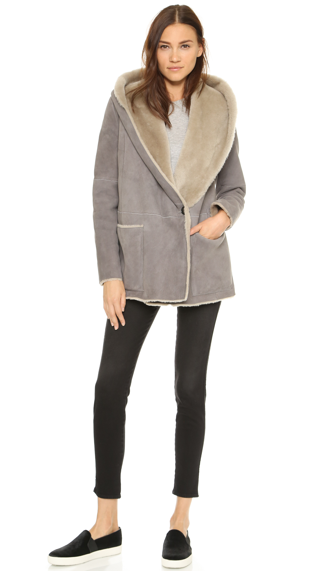 Vince Hooded Shearling Coat in Gray | Lyst