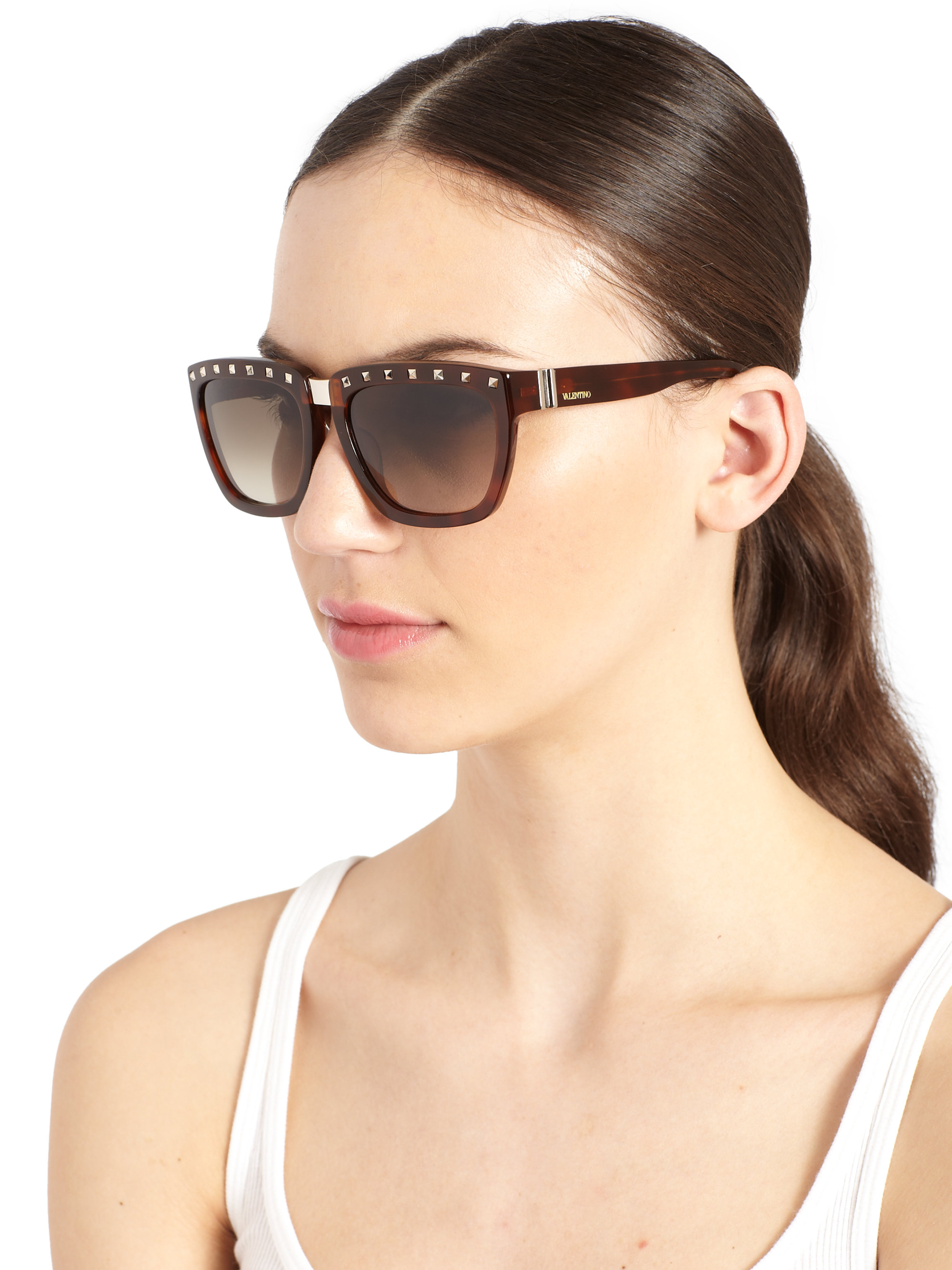 Valentino Square Studded Sunglasses in Brown | Lyst