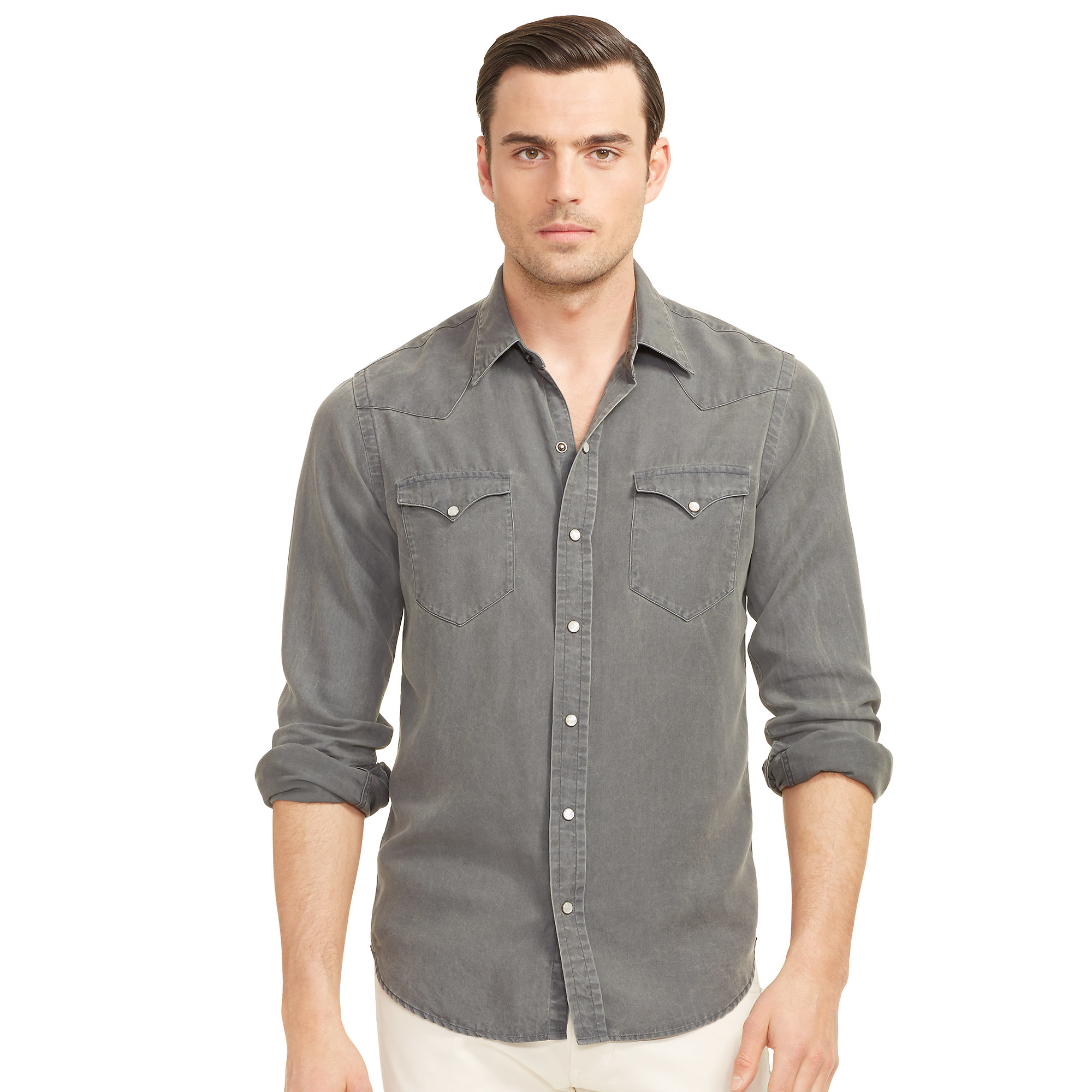 Lyst - Ralph Lauren Black Label Twill Western Shirt in Gray for Men