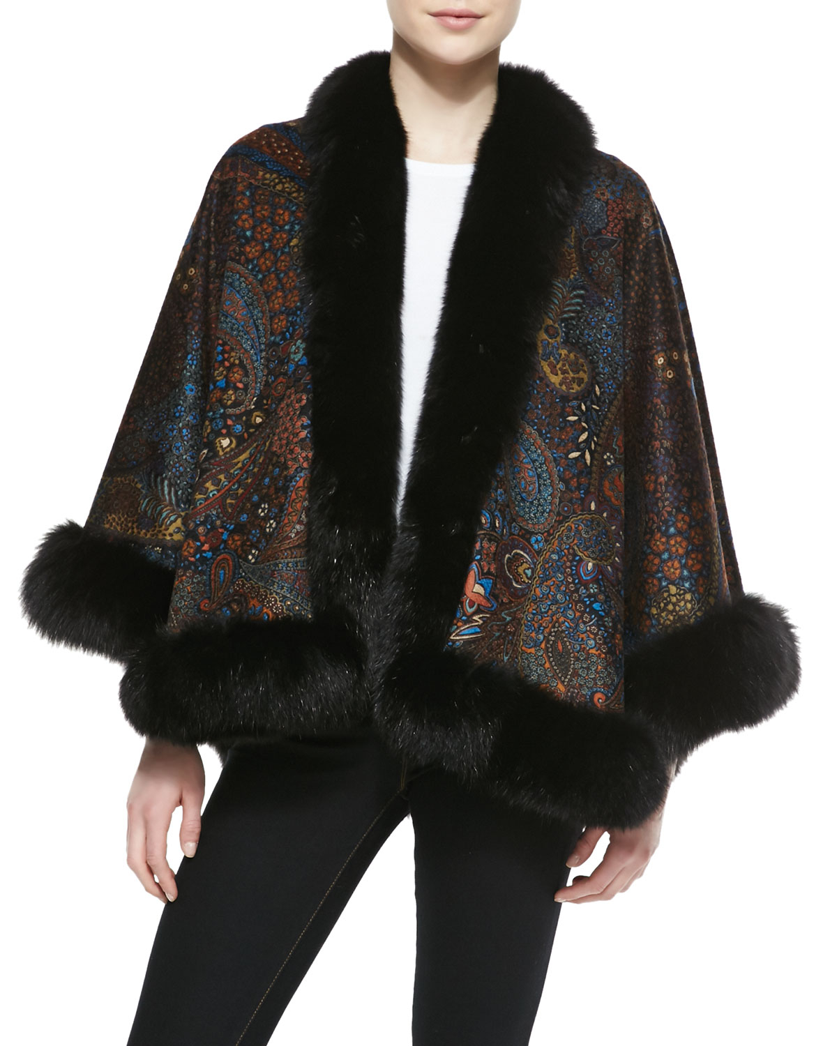 Lyst - Sofia cashmere Fox Fur-trim Paisley Cashmere Cape in Black