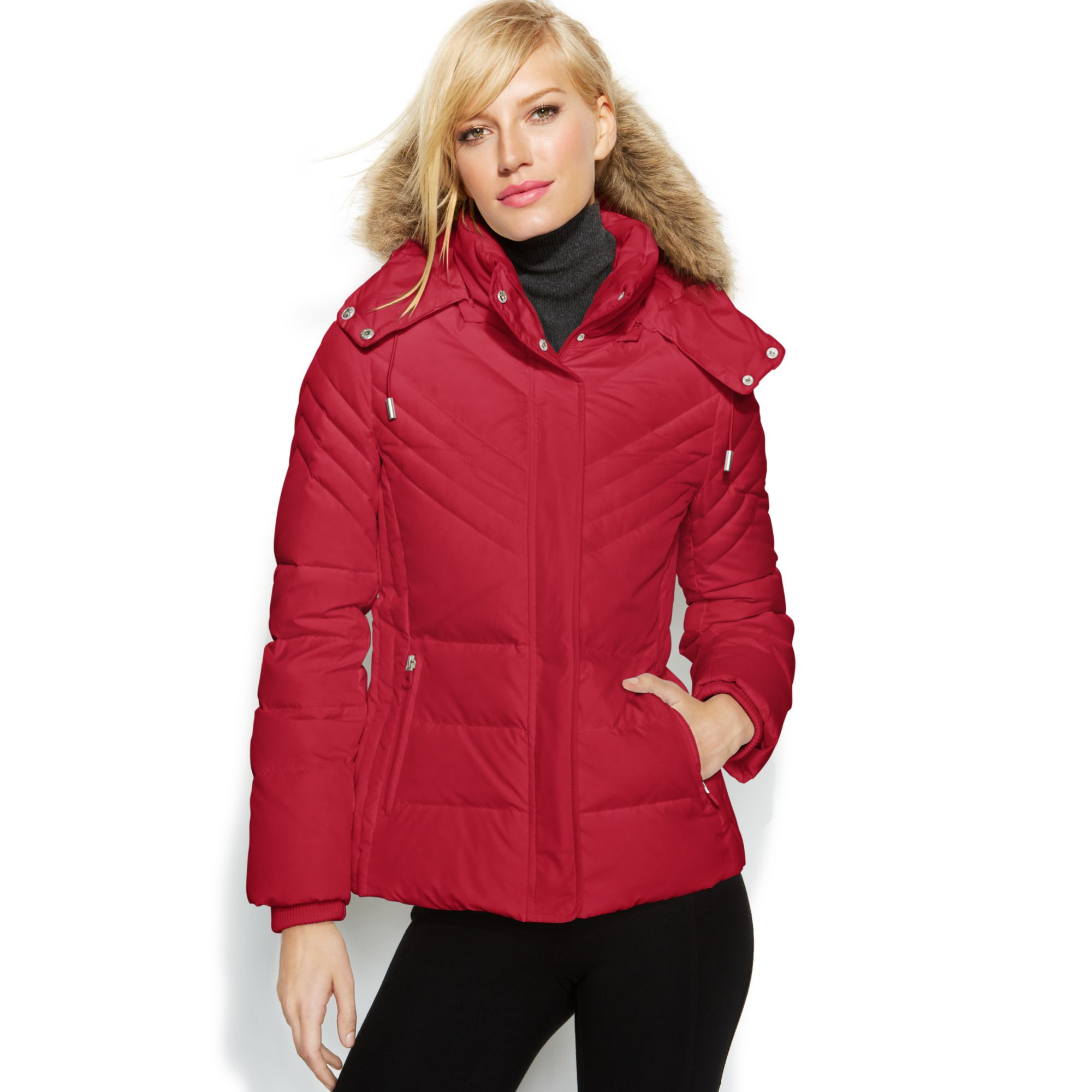 Kenneth Cole Reaction Faux-Fur-Trim Hooded Down Puffer Coat in Red ...