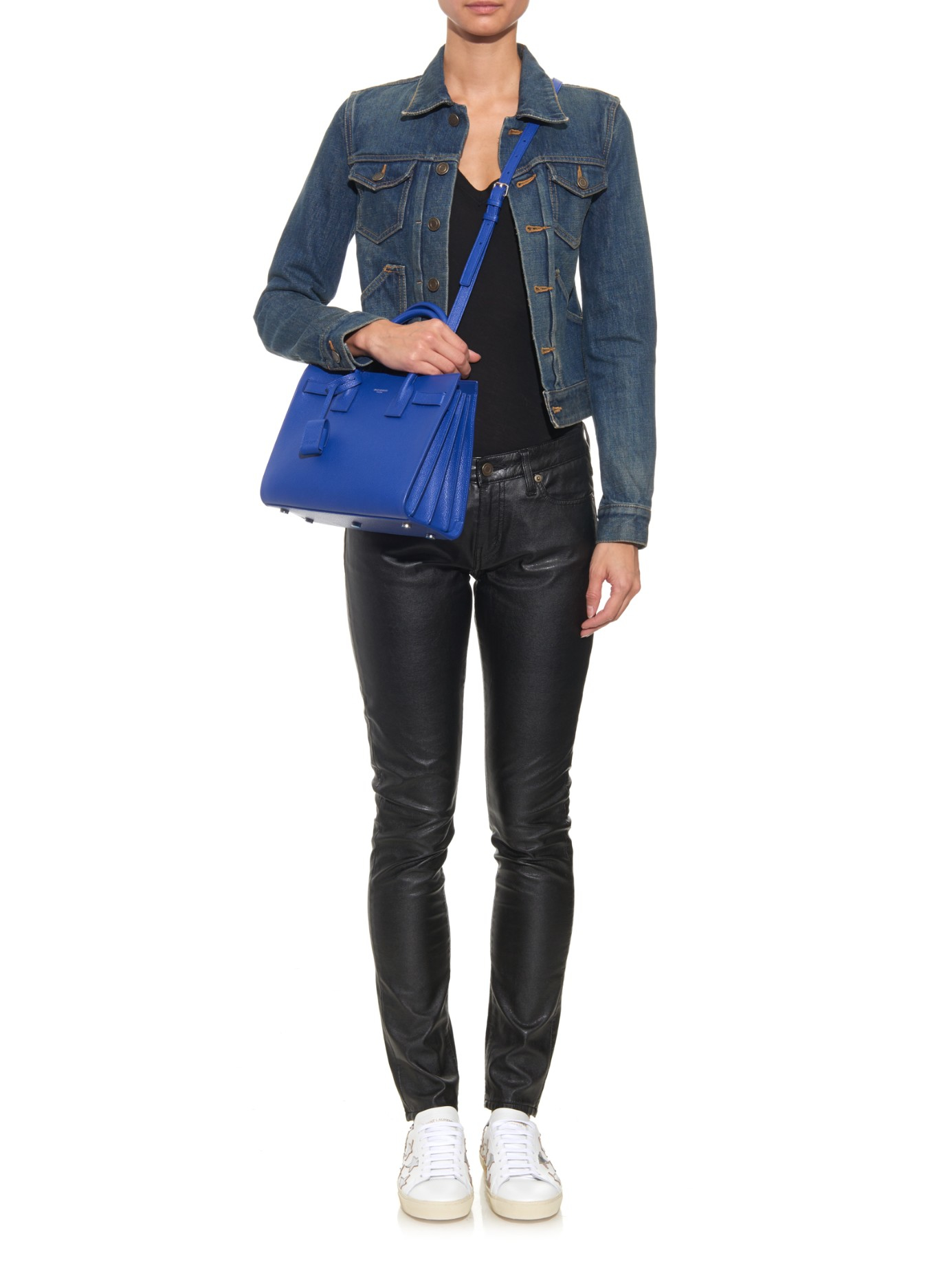 sac de jour mini grained leather satchel bag, cobalt