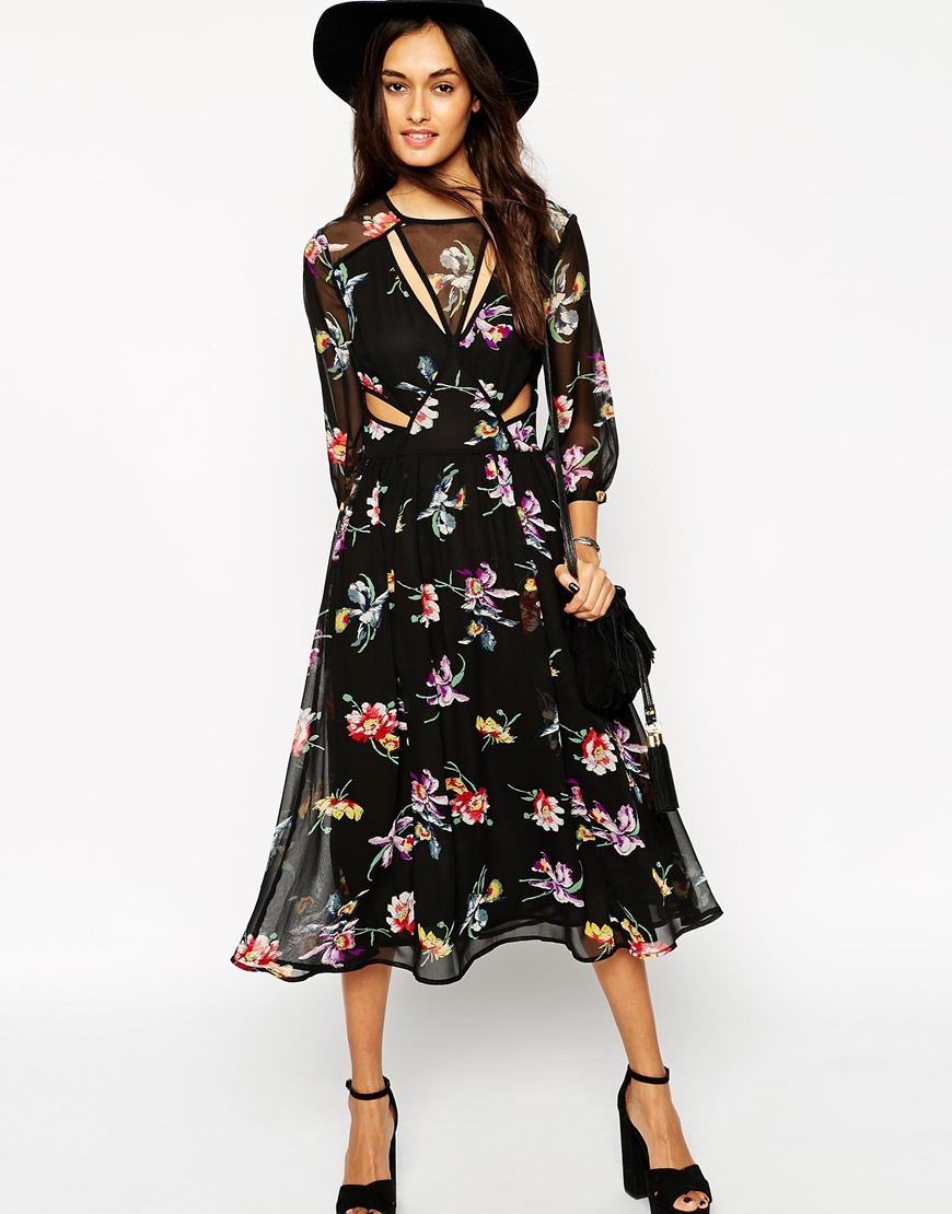 Lyst - Asos Boho Midi Dress In Floral Print With Cut Out Detail