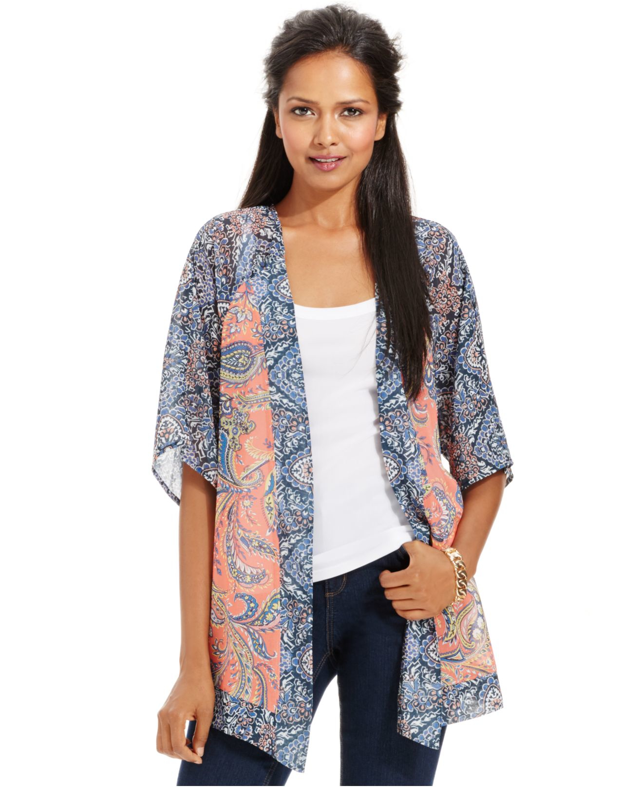 Style & co. Paisley-print Short-sleeve Kimono in Blue | Lyst