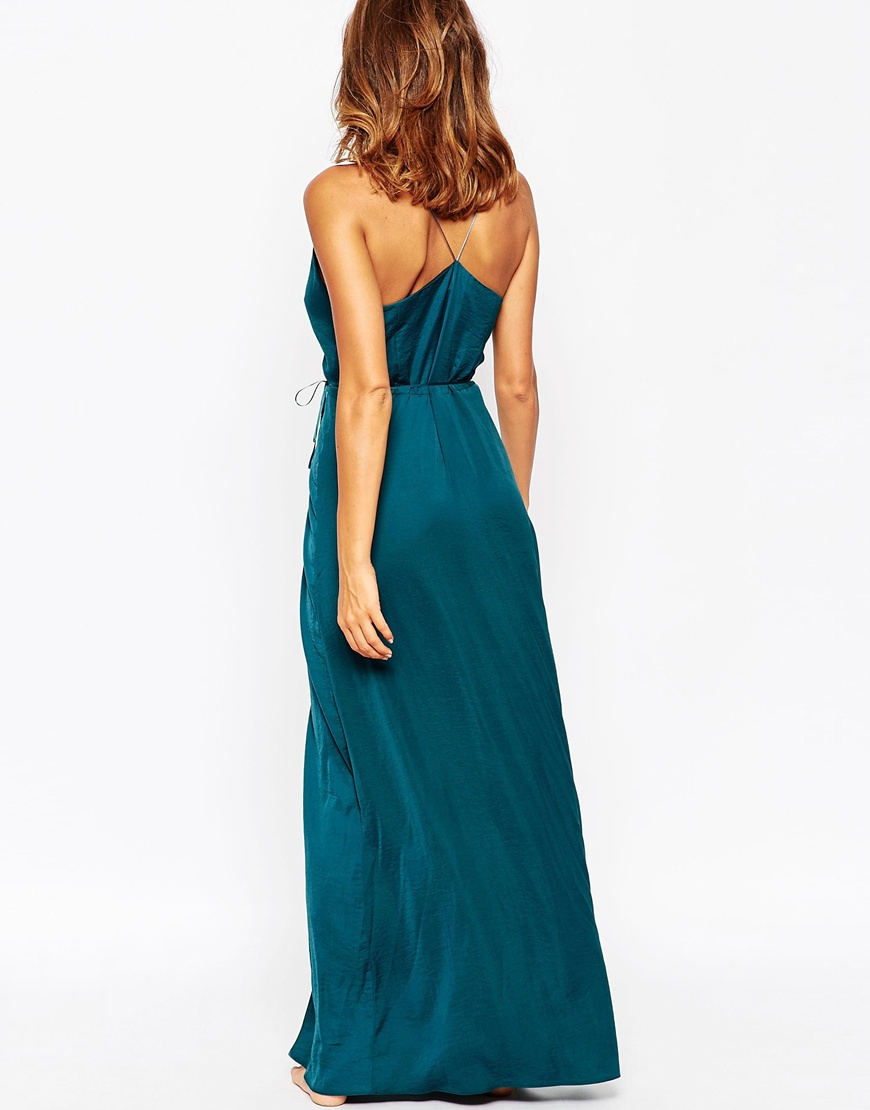 Asos Satin Split Front Maxi Slip in Green | Lyst