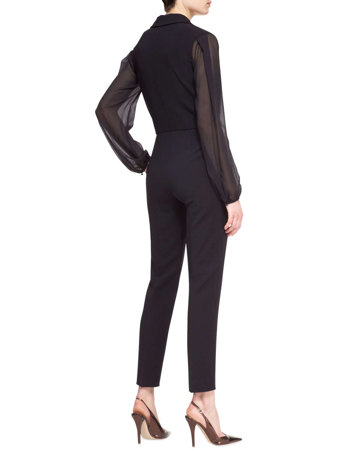 Lyst - Escada Sheer-Sleeve Faux-Wrap Jumpsuit in Black