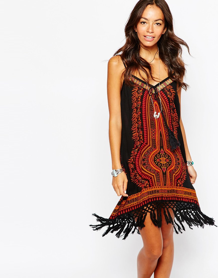 Lyst - Band Of Gypsies Printed Dress With Low Back And Tassel Detail in ...