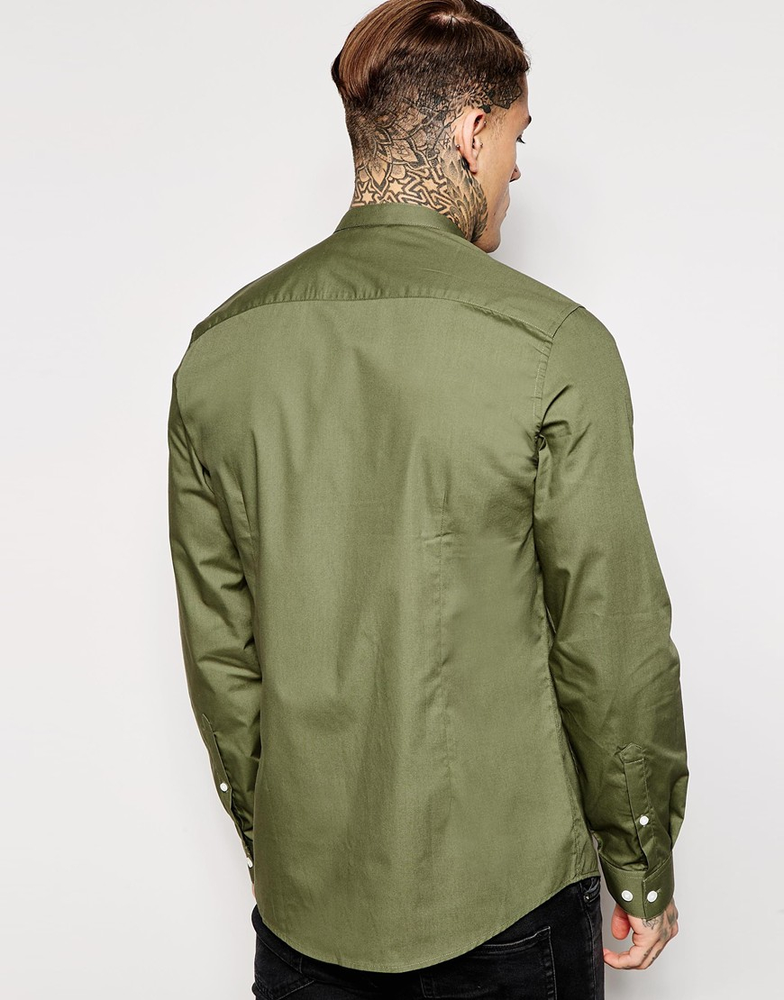 Asos Shirt In Long Sleeve With Grandad Collar In Green For Men Lyst 6957